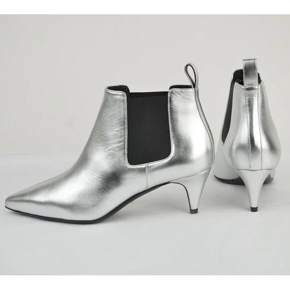 GUCCI BOOTS SILVER LEATHER ELASTIC SIDES KITTEN HEEL ANKLE BOOTIES sz 35.5 5.5